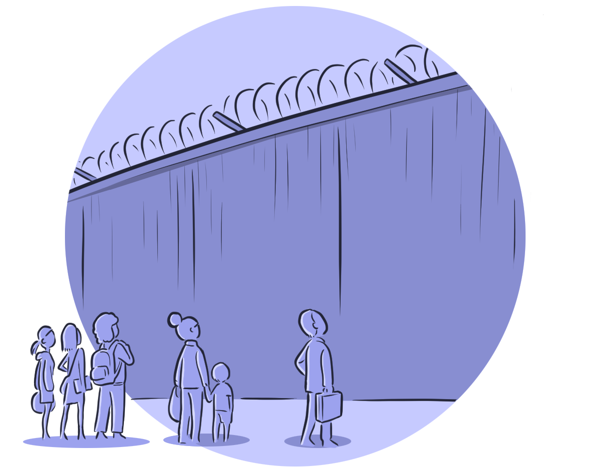 Illustration: Gefängnismauer mit davor stehenden Personen